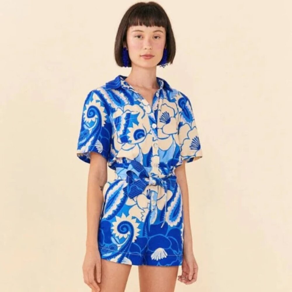 Brand New w Tags! Blue FARM RIO Tropical Groove Romper Size M